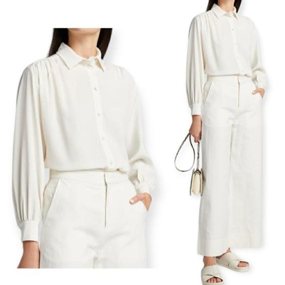 CO. Ruched Button Up Blouse in Japanese Stretch Crepe, Ivory, Size M NWT